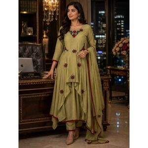 South Asian Kameez Anarkali Kurti Set Womens XL Olive Green Excellent